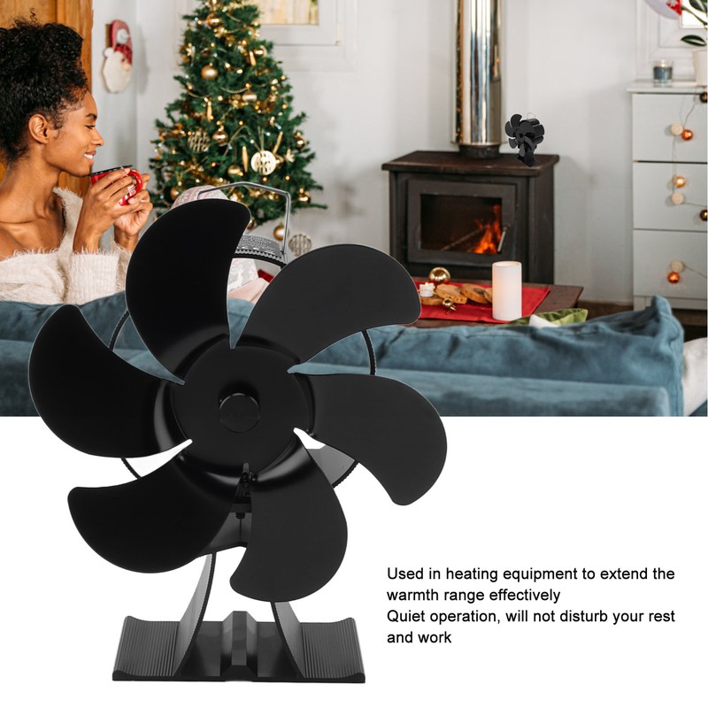 Black 6 Blade Heat Powered Stove Fan Thermodynamically Driven Fireplace