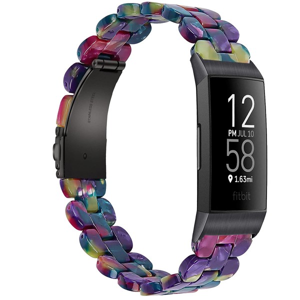 iLVANYA Oval Resin Bands Compatible with Fitbit Charge 3/3 SE/Charge 4 bands for Women Girls,Stylish Wristbands Relacement with Stainless Steel Buckle for Fitbit Accssorises (Purple Green Flower)