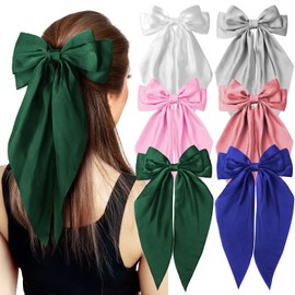 Hair Bows for Women 6Pcs Pink White Royal Blue Gray Dark Green Silky Satin Large Bows Hair Clip Hair Ribbons with Long Tail Hair Accessories Gift for Girls