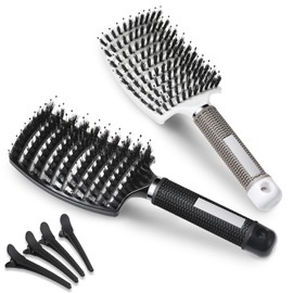 Lictin 2 Paquetes de Cepillo de Cerdas de Jabalí y 4 Horquillas para el Pelo-Adecuados para Cepillos de Cabello Fino para Mujeres y Ayuda para el Peinado de Hombres(Blanco y Negro)