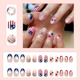 24Pcs Independence Day Red Blue French Tip Press on Nails Short Oval Fake Nails with American Flag Firework Glitter Design False Nails Acrylic Nails 4th of July Patriotic Artificial Nails for Women