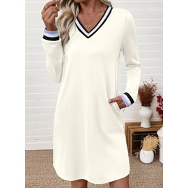 EVALESS Womens Dresses 2025 Fall V Neck Long Sleeve Casual Contrast Striped Sweatshirt Dress Spring Summer Mini Tshirt Dress Beach Vacation Clothes,Beige Medium