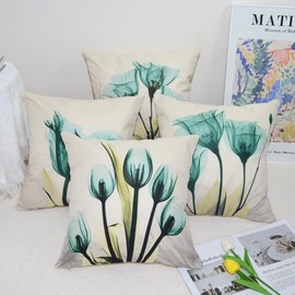 QUALKNOY Set of 4 Cushion Covers 18"x18" Teal Green Flower Linen Modern Art Decorative Throw Pillow cases 45 x 45cm for Living Room Sofa Outdoor Pillowcases