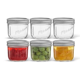 JoyJolt 8 Oz Mason Jars With Lids, Labels and Measures! 6-Pack Wide Mouth Mason Jars, Glass Jar with Lid and Band. Airtight Canning Jars, Overnight Oats Jars, Salad Jars, Sourdough Starter Jar