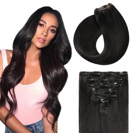 Sunya Clip in Hair Extensions Real Human Hair 7 Pcs Human Hair Clip in Extensions 14 Inch Straight Double Weft Remy Human Hair Extensions Clip ins for Women #1B Natural Black 70G