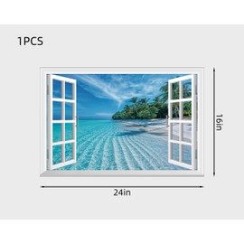 FLFK Fake Window Wall Decal - Summer Beach Faux Window Wall Mural for Wall Decor, Peel and Stick Wall Sticker,24"x16"