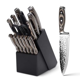 Kitchen Knife Set,15-Piece Knife Set With Block Wooden,Self Sharpening For Chef Knife Set,High Carbon Japan Stainless Steel Hammered Collection Knife Block Set with Steak Knives (Gray)