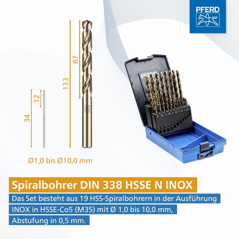 PFERD Twist Drill Bit Set INOX, 19 Pieces, Diameter 1–10