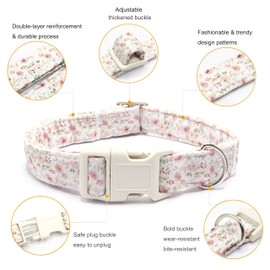 Floral Dog Collar Adjustable for Small Dogs - Cute Spring Summer Girl Dog Collar for Female Dogs, Blooming Flower Pattern Cotton Collar with Quick Release Buckle, Pink Ink Flower-S
