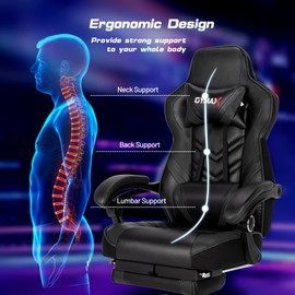 Black Gaming Chair Ergonomic Computer Chair for Adults Teens Reclining Gamer Chair High Back Game Chair Racing Style Desk Chair with Retractable Footrest, Lumbar Support and Headrest