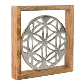 DESIGN DELIGHTS Mandala Wall Picture, 20 cm, Metal, Mango Wood, Flowers Wall Decoration, Metal Picture with Wooden Frame, Flower of Life Wall Object