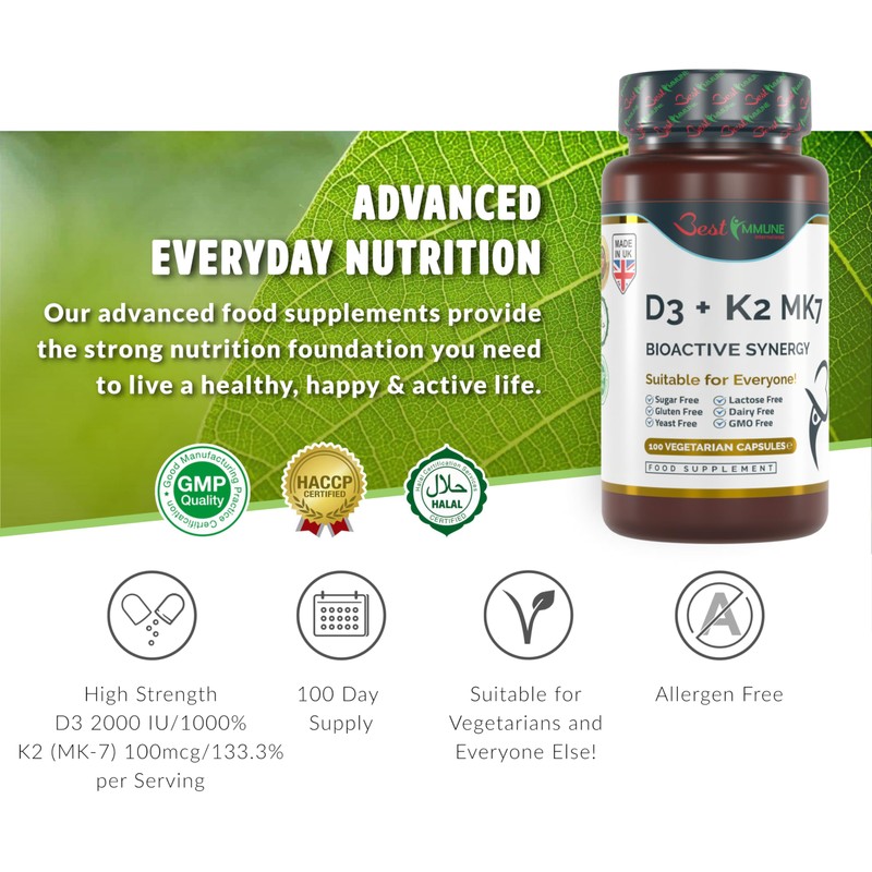 Vitamin D3 2000IU K2 MK7 100mcg Natural Premium Quality 100