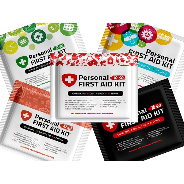 Portable Travel Size First Aid Kit - Assorted Pack | Perfect for Home, Office, Car, School, Business, Travel, Hiking, Hunting, and Outdoors | Individually Wrapped First Aid Products (5)