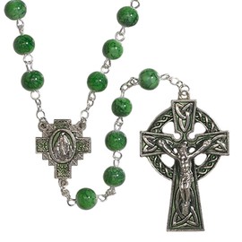 CB Green Celtic Rosary with Miraculous Medal Centerpiece Saint Patrick Blessing Prayer Card