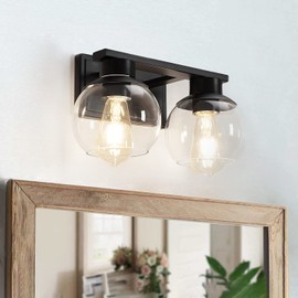 PAZALA 14 Inch Black Vanity Light Modern Bathroom Wall Lighting Fixtures Bathroom Light with Clear Globe Glass （2 Lights-Exclude Bulb）