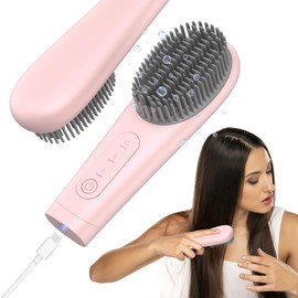 SATOCVAY Cordless Hair Straightener Brush, Heated Brush Hair Straightener Rechargeable 7000mAh, Negative Ionic Hair Straightener Brush Mini Travel Hot Comb for Women, Pink