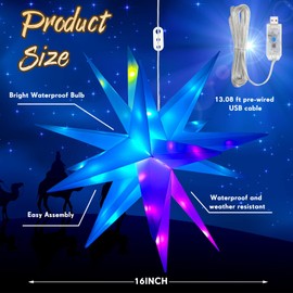 Riakrum Christmas Moravian Star Light Large Moravian Star Christmas Tree Topper Hanging Outdoor Xmas Star String Lights LED Bethlehem Star Porch Light, Advent Star (1 Pcs,16 Inch)
