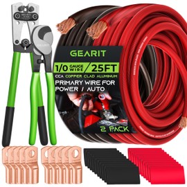 GearIT 0 Gauge CCA Ground Wire (25FT Each - Black and Red) All-in-One Kit: Crimping Tool, Cutter, 10 Lugs, and 20 Heat Shrink Wrap