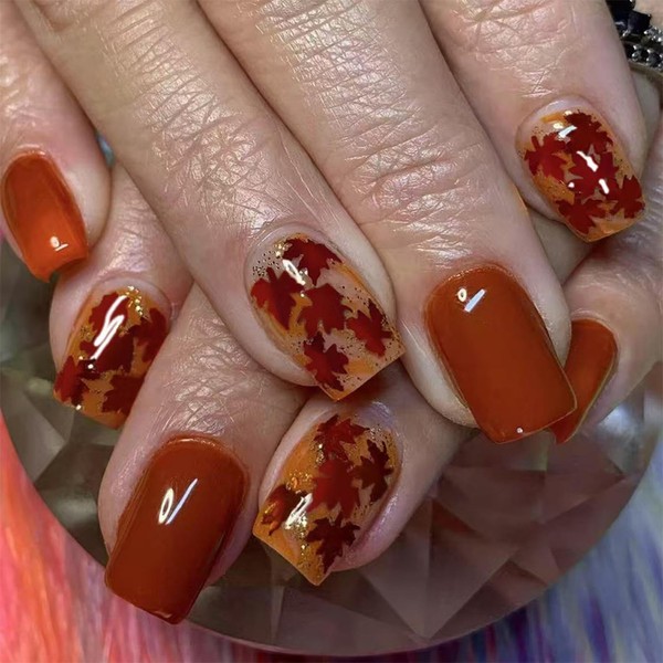 Red Press on Nails Maple Leaf Fake Nails Short Square
