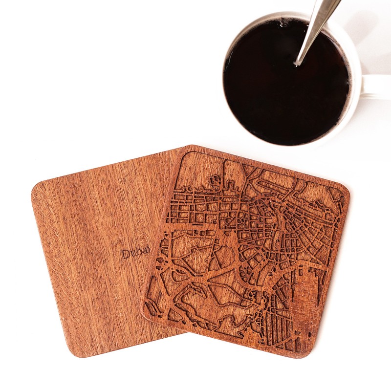 Dubai Map Coaster, Set of 4, Sapele Wooden Coaster with
