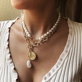 JWICOS Gold Chunky Chain Necklace for Women and Girls Link Chain Necklace with Coin and Pearl OT Toggle Clasp Choker Boho Bohemia Double Layered Choker for Women and Girl's Gift