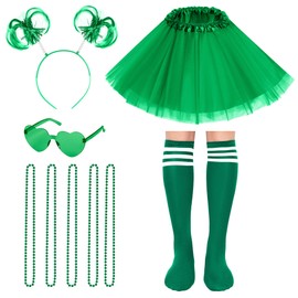 Tutu Costume Accessories Set - Tulle Tutu Skirt 4 Layered Tutu Wear Pom Pom Headband with Heart Glasses Necklace and Tube Socks (Green)