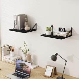 Fun Memories Floating Shelves for Wall, 12 Inch Deep Floating Shelves Set of 2, 16W x 12D Large Wall Shelf with Sturdy Metal Brackets for Living Room, Bathroom, Bedroom and Kitchen, Black
