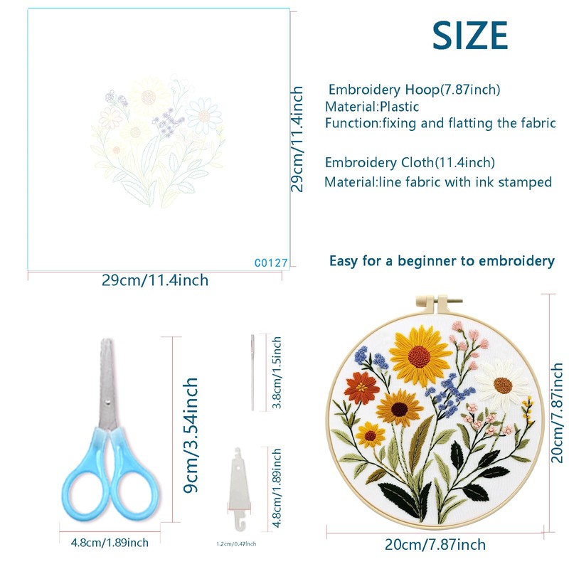 Zhenqing Sunflower Daisy Embroidery Kit for Beginners, Floral Needlework Kit