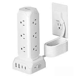 Surge Protector Power Strip Tower with 4 USB Ports 9 Outlets, 15ft Extension Cord, 1800J Protection Desktop Charging Station for Office School Dorm Room Essentials, White