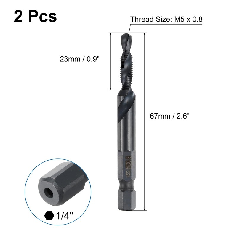 sourcing map 2pcs Combination Drill and Tap Bits Metric M5