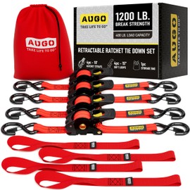 AUGO Retractable Ratchet Straps | 4 Heavy Duty Ratchet Straps Self Retractable Tie Downs with Soft Loops & Storage Bag for Motorcycle, Truck, Trailer, Cargo Van | 1200 Lb Break Strength 1” x 10’