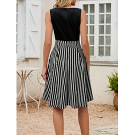 Sureple Csual Summer Dresses for Women 2024 Wedding Guest Aline Empire Waist Pleated Swing Dress Tea Length Ruffle Hem(Sp81-White Striped-S)