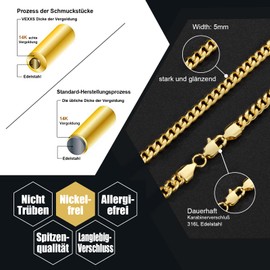 VEXXS Curb Chain Gold Men's 4/5 mm, Gold Chain Men's 14 Carat Gold-Plated Cuban Stainless Steel Necklace Men's Chain, Cuban Link Chain Gold Chain for Men Women Men Boys Jewellery Gift, 46-66 cm, Gold