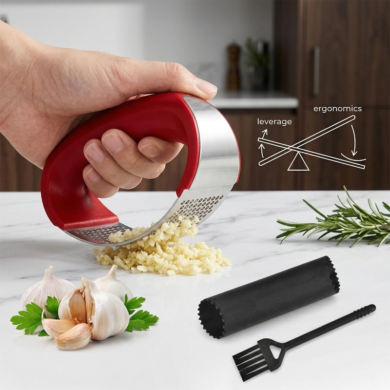Garlic Squeezing Tool Stainless Steel Garlic Grinder with Peeler &