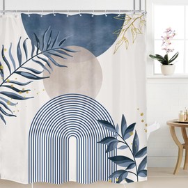 Mitpok Navy Blue Boho Shower Curtain 72Wx78H Grey Modern Bohemian Abstract Leaves Plant Botanical Mid Century Minimalist Bathroom Decor Geometric Neutral Bath Curtain Fabric Polyester 12 Pack Hooks