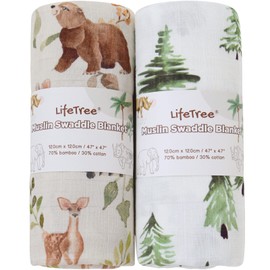 LifeTree Baby Swaddling Cloth Muslin Cloth Pack of 2 120 x 120 cm Muslin Swaddle Blanket Baby Bamboo Cotton Swaddle Wrap for Boys and Girls, Forest Animals