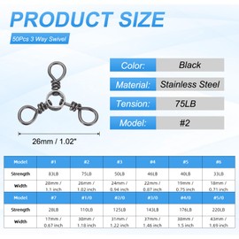 PATIKIL 3 Way Swivel Fishing Tackle #2 75LB, 50Pcs Stainless Steel Cross Line Swivels Triple Trolling Lure Connector Three Way Fishing Rigs for Saltwater Freshwater Catfish Tackle