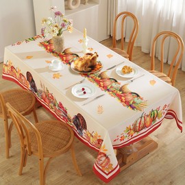 SASTYBALE Thanksgiving Tablecloth Rectangle, Spill Proof Fall Table Cloth with Turkey & Pumpkin Print, Decorative Holiday Table Cover for Autumn, Harvest and Dining Decor (Rectangle, 60" x 84")
