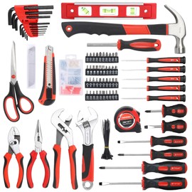 FASTPRO 220-Piece Home Tool Set, Household Repairing Tool Kit with 12-Inch Wide Mouth Open Storage Tool Bag, Red