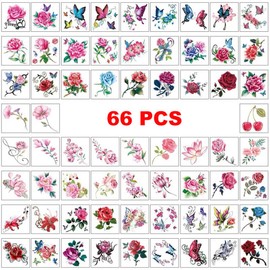 Yesallwas TATOO Tattoo Stickers, Roses, Butterflies, Flowers, Set of 66, Tattoo Stickers, Body Stickers, Waterproof, For Kids, Women, Easy to Apply to Arms, Legs, Body, Chest, Shoulder, Back