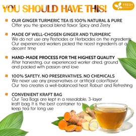 FreshDrinkUS, Premium 45 Ginger Turmeric Tea Bags, 100% Natural Ingredients, Hand-made Blend of Ginger and Turmeric Herbal Tea, Eco-conscious Tea Bags. No Sugar, No Caffeine, No Gluten, Vegan.