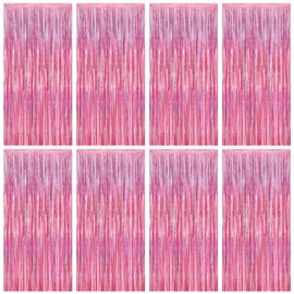 8 Pack Pink Backdrop, 3.28 FT x 7.05 FT Fringe Curtains, Metallic Glitter Pink Fringe Party Streamer Foil Curtains Tinsel Backdrop, Pink Decorations Bachelorette Party Supplies Birthday Decor