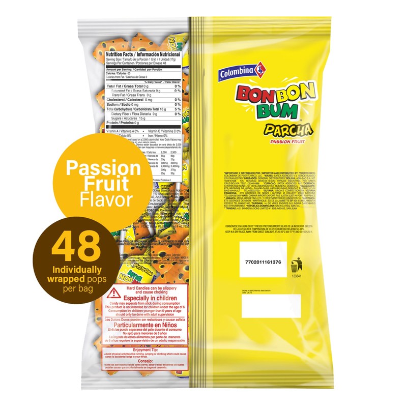Colombina Bon Bon Bum Lollipops Tropical Passion Fruit Flavor, 48