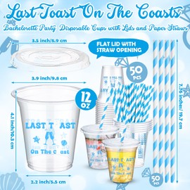 Honeydak 50 Pcs 12oz Last Toast on The Coast Cups Bachelorette Party Plastic Cups with Lid Straw Beach Bachelorette Favors Disposable Drink Juice Supplies for Bridal Shower Wedding Decoration