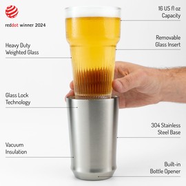 Elevated Craft Hybrid Vacuum Insulated Stainless Steel Base with Removable Pint Glass Insert, Ideal Insulation for Beers & Cold Beverages with Built-in Bottle Opener, Durable & Stylish, Steel (16 oz)