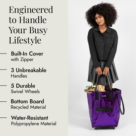 HULKEN - (Large, Ultraviolet) Reusable Grocery Bag On Wheels, Shopping Trolley, Rolling Tote, Zipper Closure, Lightweight, Carries Up to 66 lb, Folds Flat, Unbreakable Handles