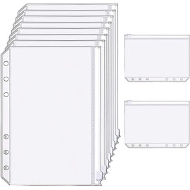 A5 Size Zipper Binder Pockets, 6 Hole, PVC, Translucent, Set of 10