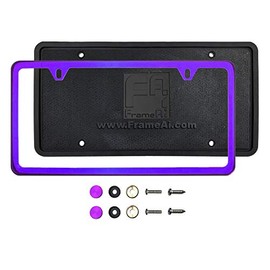 Silicone Back Guard Two Holes Slim License Plate Holder Purple Chrome Mirror License Plate Frame T304 Stainless Steel + Metal Screw Caps