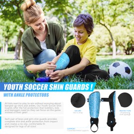 Kids Football Shin Pads With Ankle Support Shin Guards Soccer Boys Calf Protective Gear Sleeves Youth Girls Toddler EVA Cushion Protection Reduce Shocks Injurie for Age 4 5 6 7 8 9 10 11 12 (M, Blue)