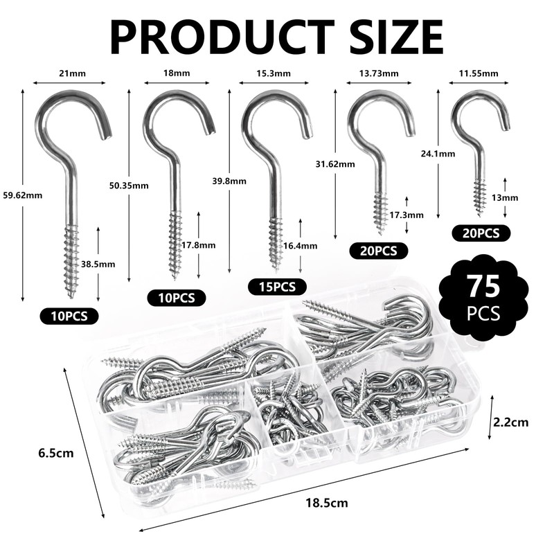 Pack of 75 Small Screwing Hooks, Multi-Size Screw Hooks, Silver,